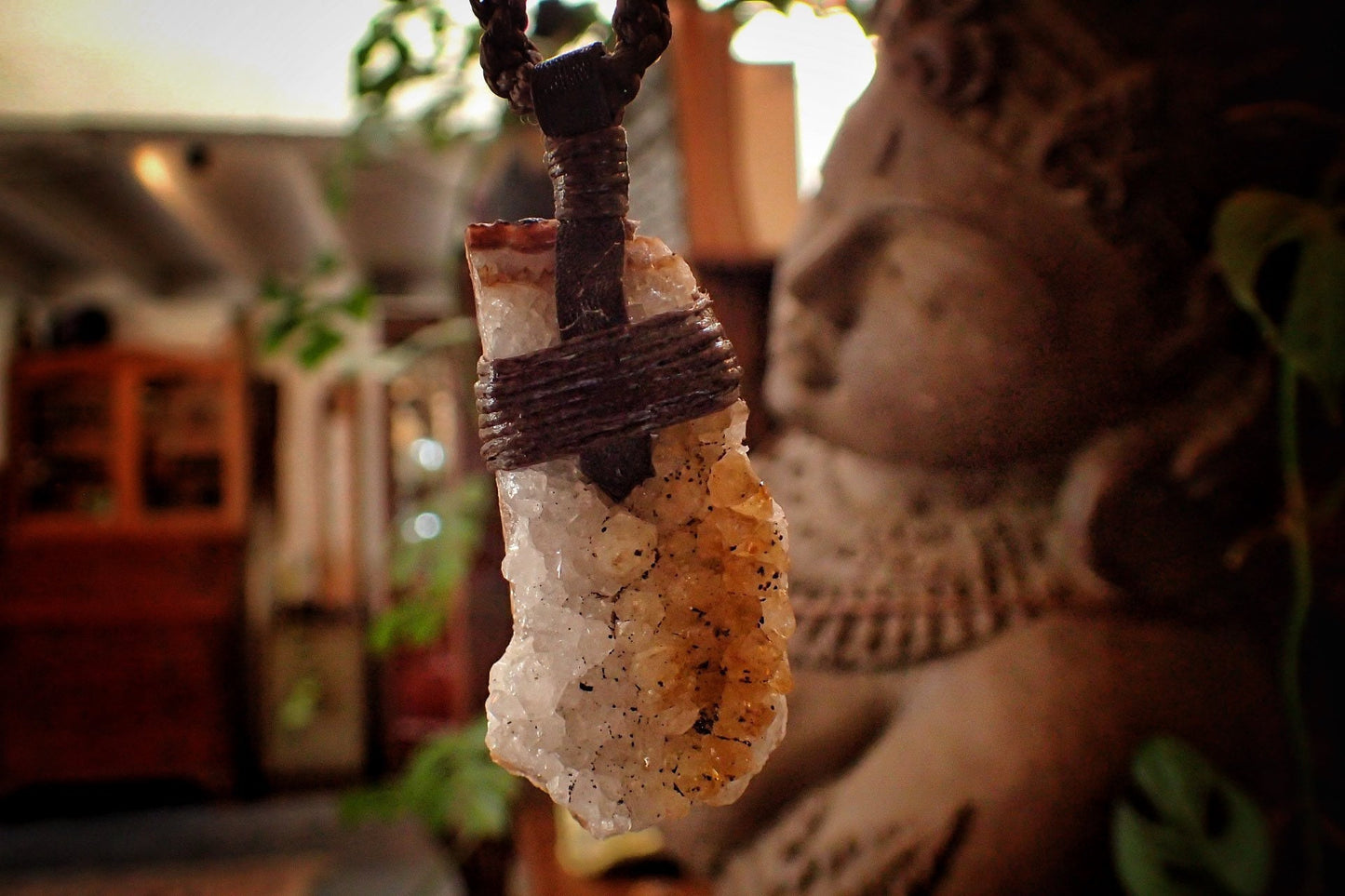 Citrine Cluster Pendant on Hand Woven Adjustable Black Macrame Necklace Cord