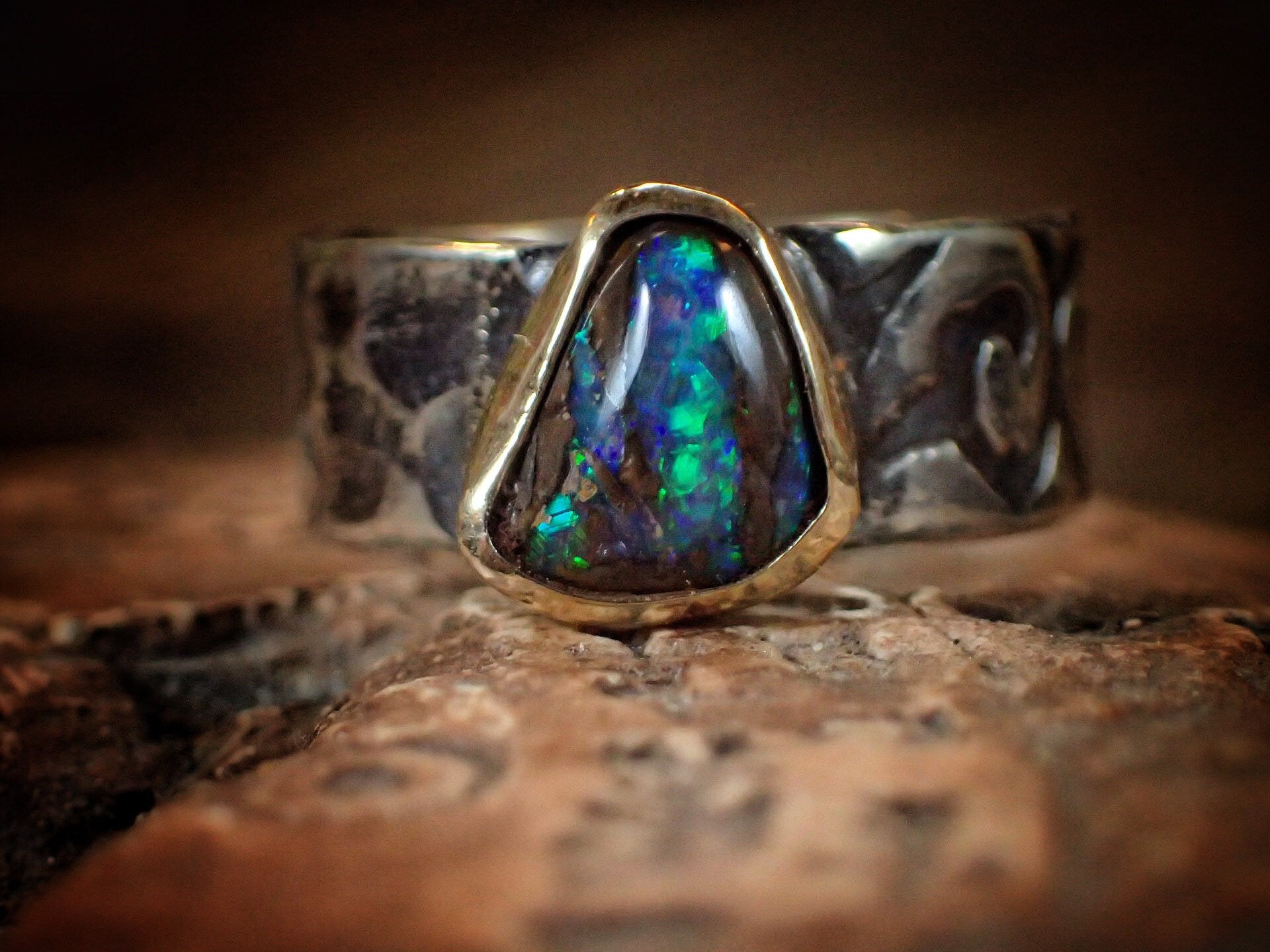 Electric Green And Blue Boulder Opal in Chunky Textured Gold and Silver Ring ~ Band US Size 9