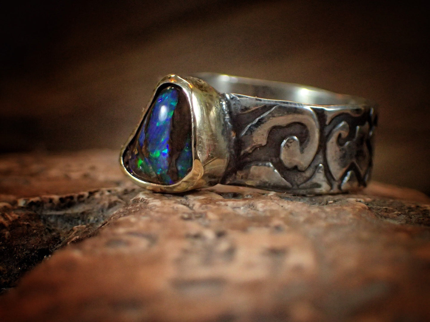 Electric Green And Blue Boulder Opal in Chunky Textured Gold and Silver Ring ~ Band US Size 9