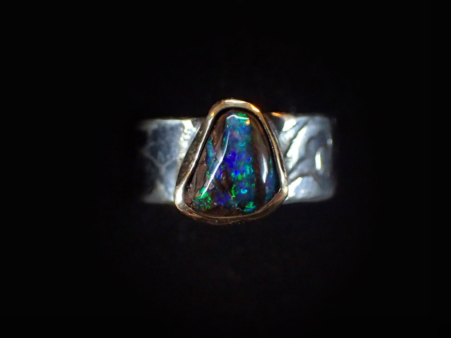 Electric Green And Blue Boulder Opal in Chunky Textured Gold and Silver Ring ~ Band US Size 9