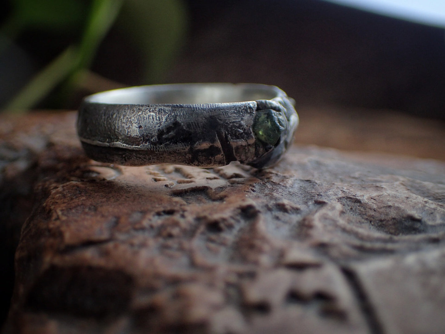 Gnarly rough Green Sapphire and Silver Fusion Ring ~ Sand Cast Rugged Rustic and Rugged One of a Kind Ring / Band US Size 9