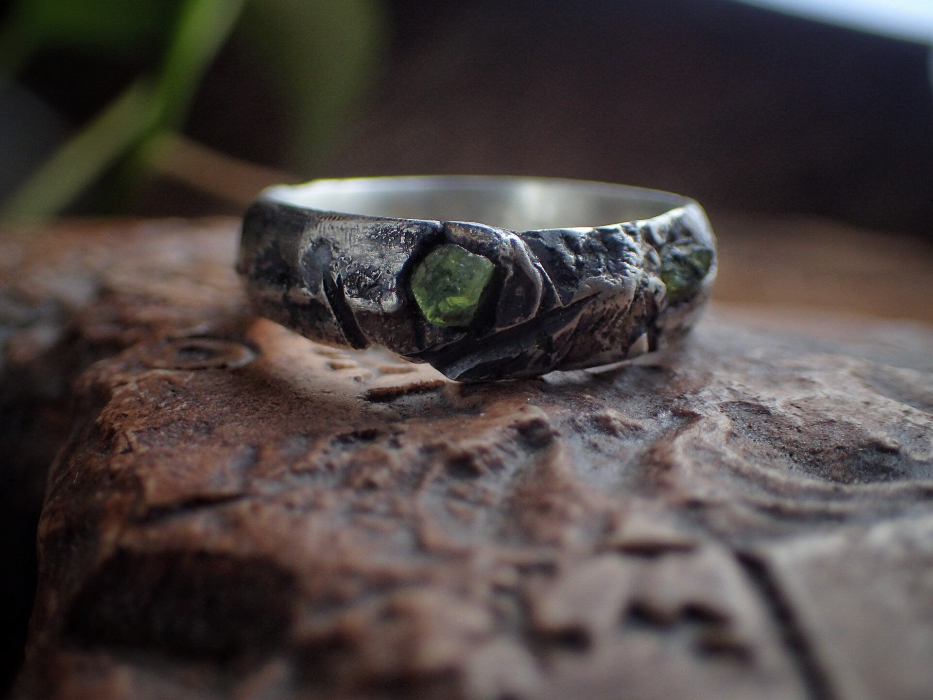 Gnarly rough Green Sapphire and Silver Fusion Ring ~ Sand Cast Rugged Rustic and Rugged One of a Kind Ring / Band US Size 9