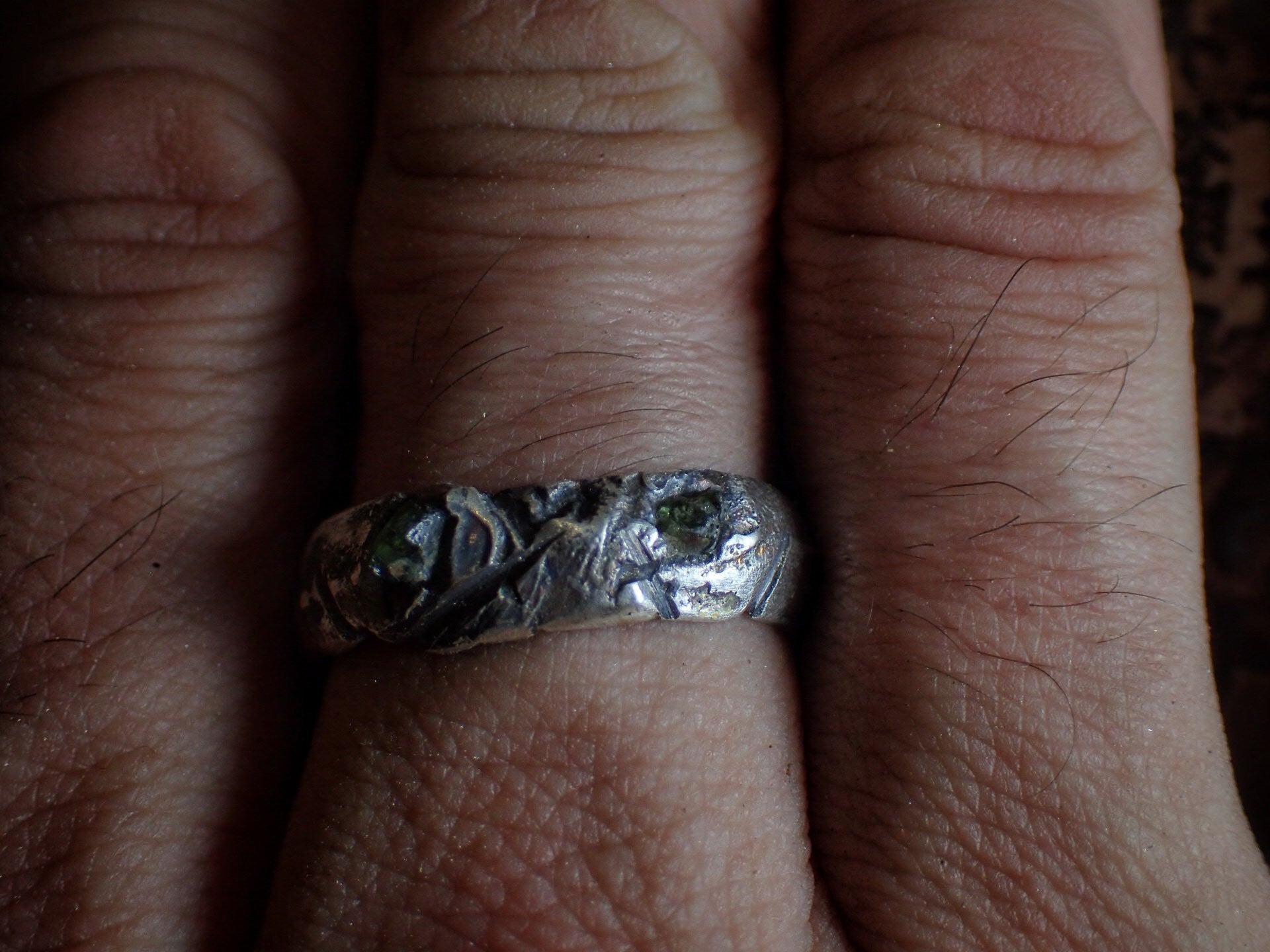 Gnarly rough Green Sapphire and Silver Fusion Ring ~ Sand Cast Rugged Rustic and Rugged One of a Kind Ring / Band US Size 9