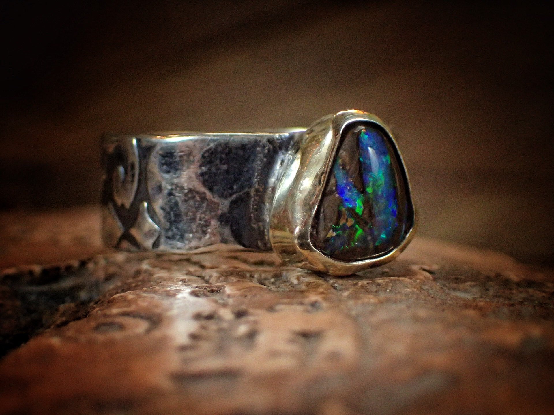 Electric Green And Blue Boulder Opal in Chunky Textured Gold and Silver Ring ~ Band US Size 9