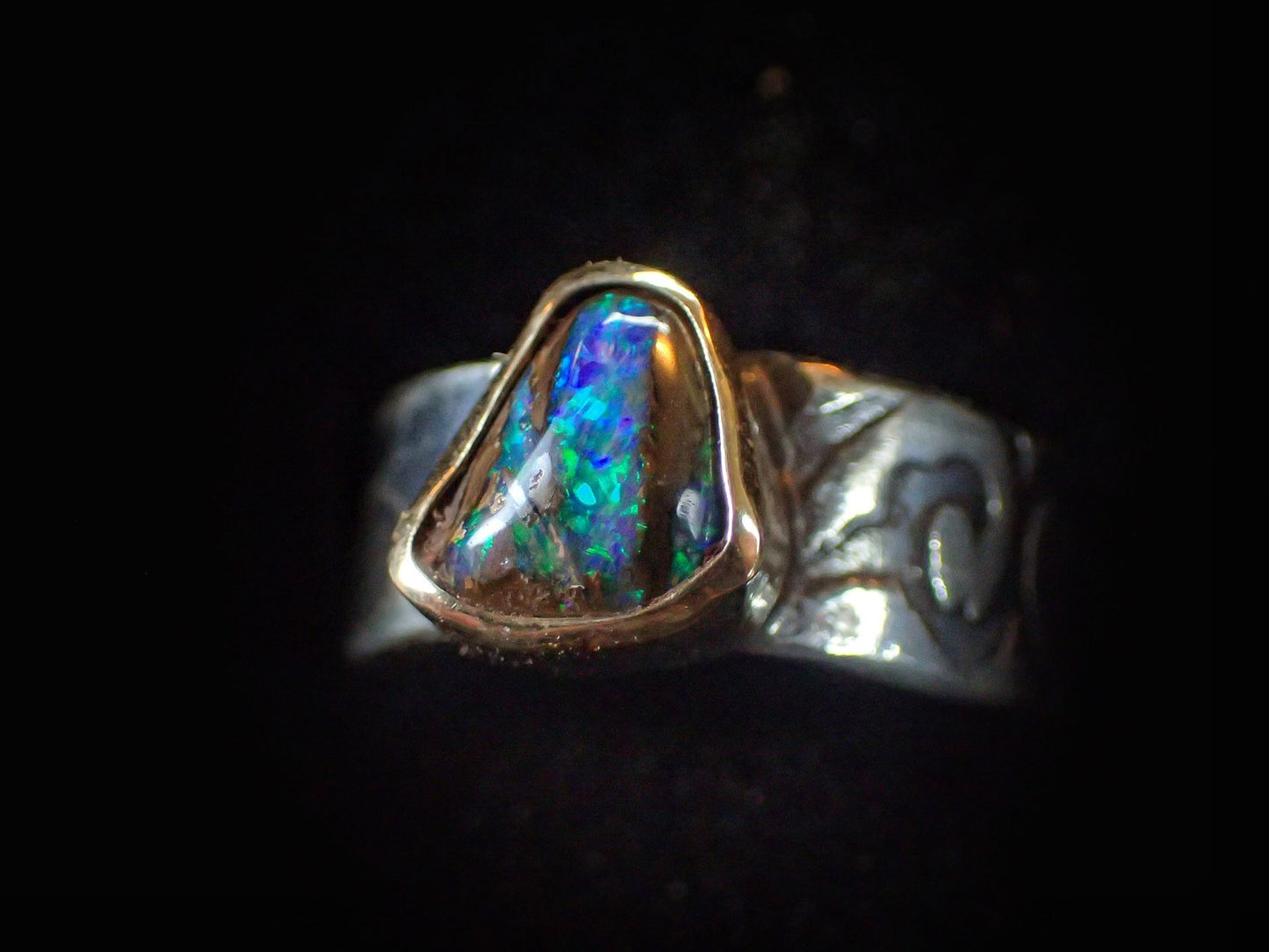 Electric Green And Blue Boulder Opal in Chunky Textured Gold and Silver Ring ~ Band US Size 9