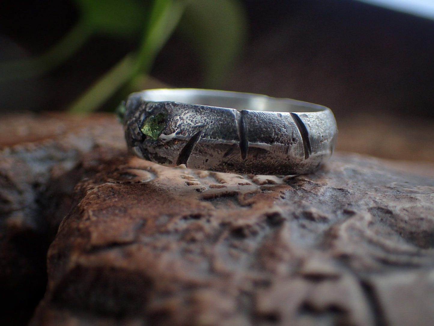 Gnarly rough Green Sapphire and Silver Fusion Ring ~ Sand Cast Rugged Rustic and Rugged One of a Kind Ring / Band US Size 9