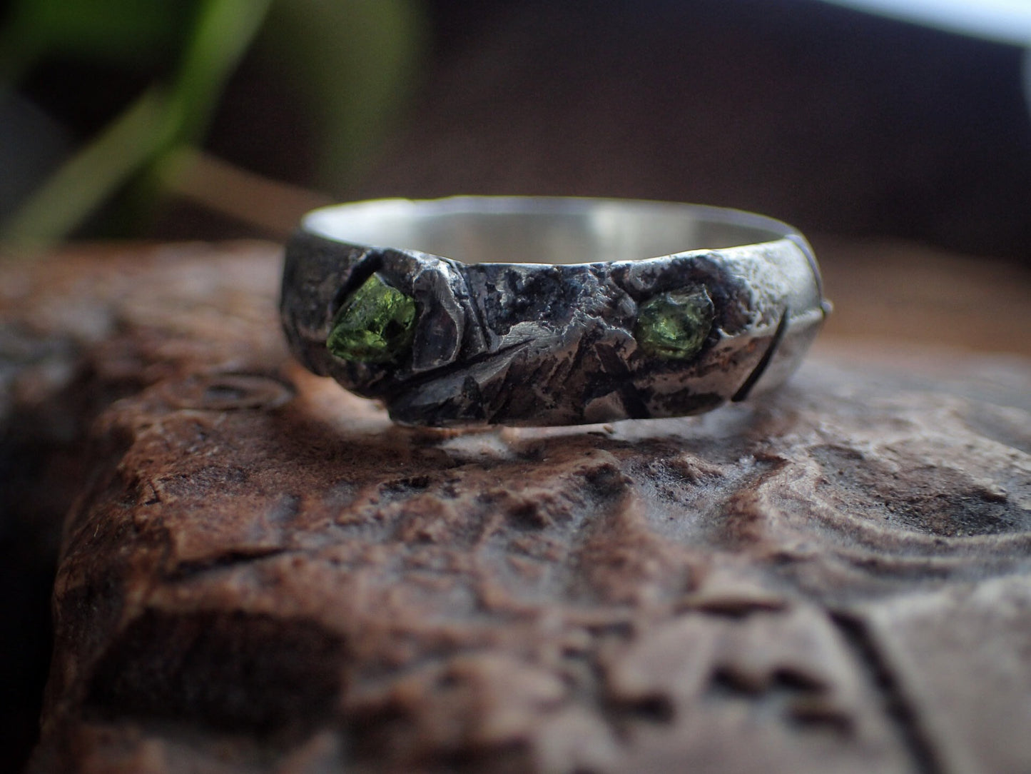 Gnarly rough Green Sapphire and Silver Fusion Ring ~ Sand Cast Rugged Rustic and Rugged One of a Kind Ring / Band US Size 9