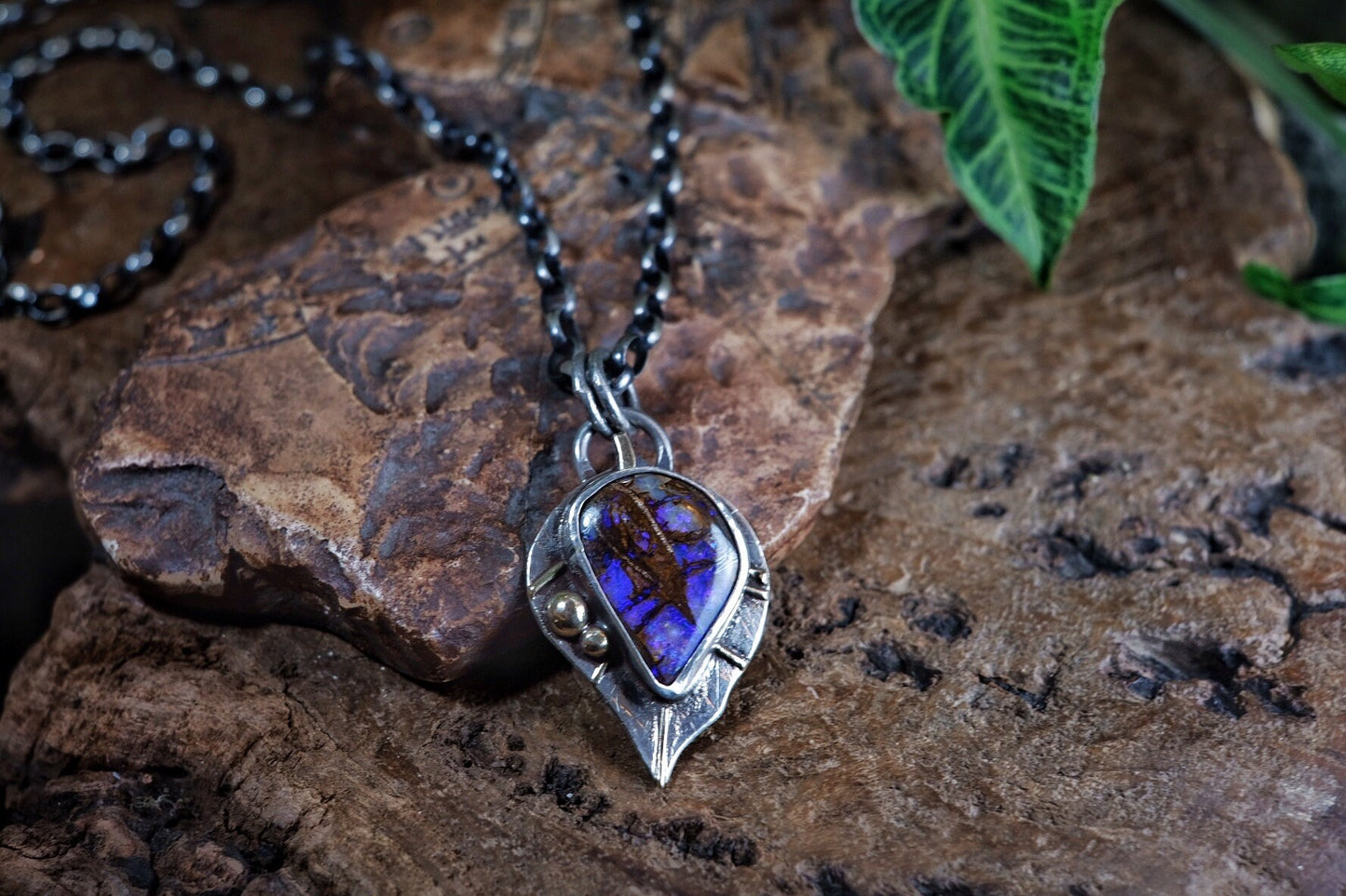 Wood Fossil Boulder Opal set in Leafy Motif Textured Silver and Gold Pendant