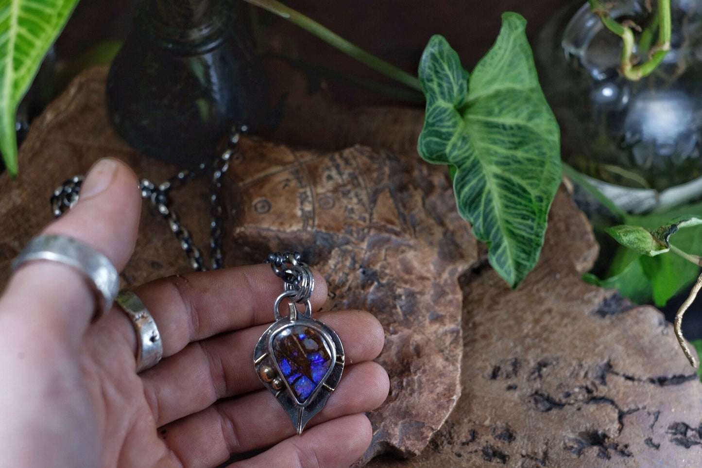 Wood Fossil Boulder Opal set in Leafy Motif Textured Silver and Gold Pendant