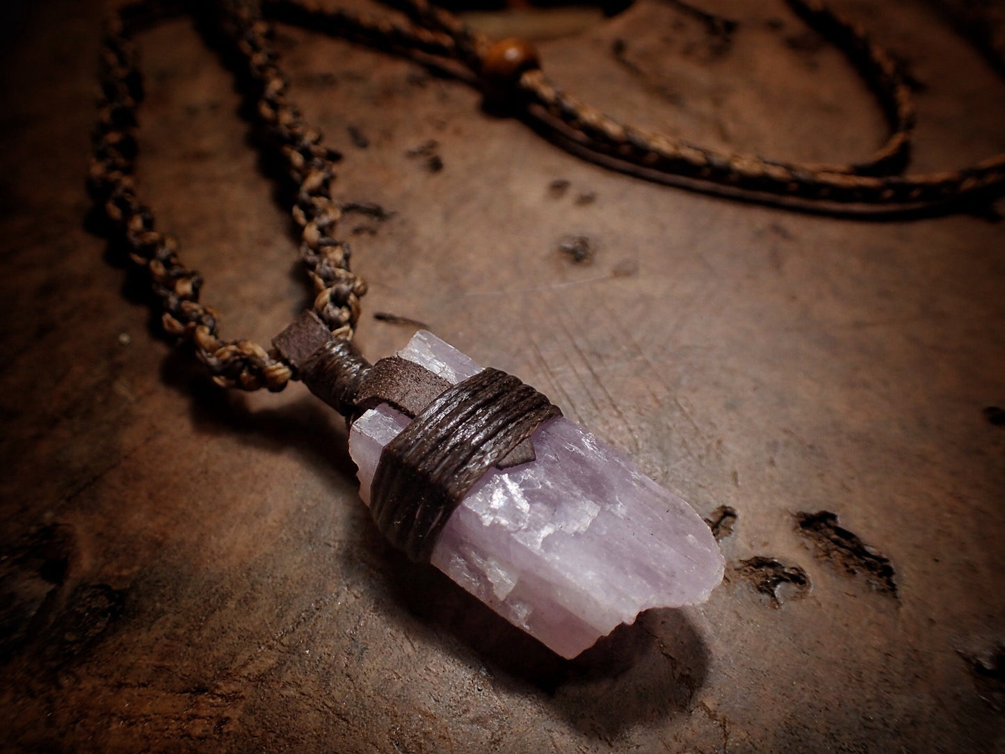 Natural Crystal Kunzite Pendant with Adjustable Hand Woven Macrame Style Necklace Cord