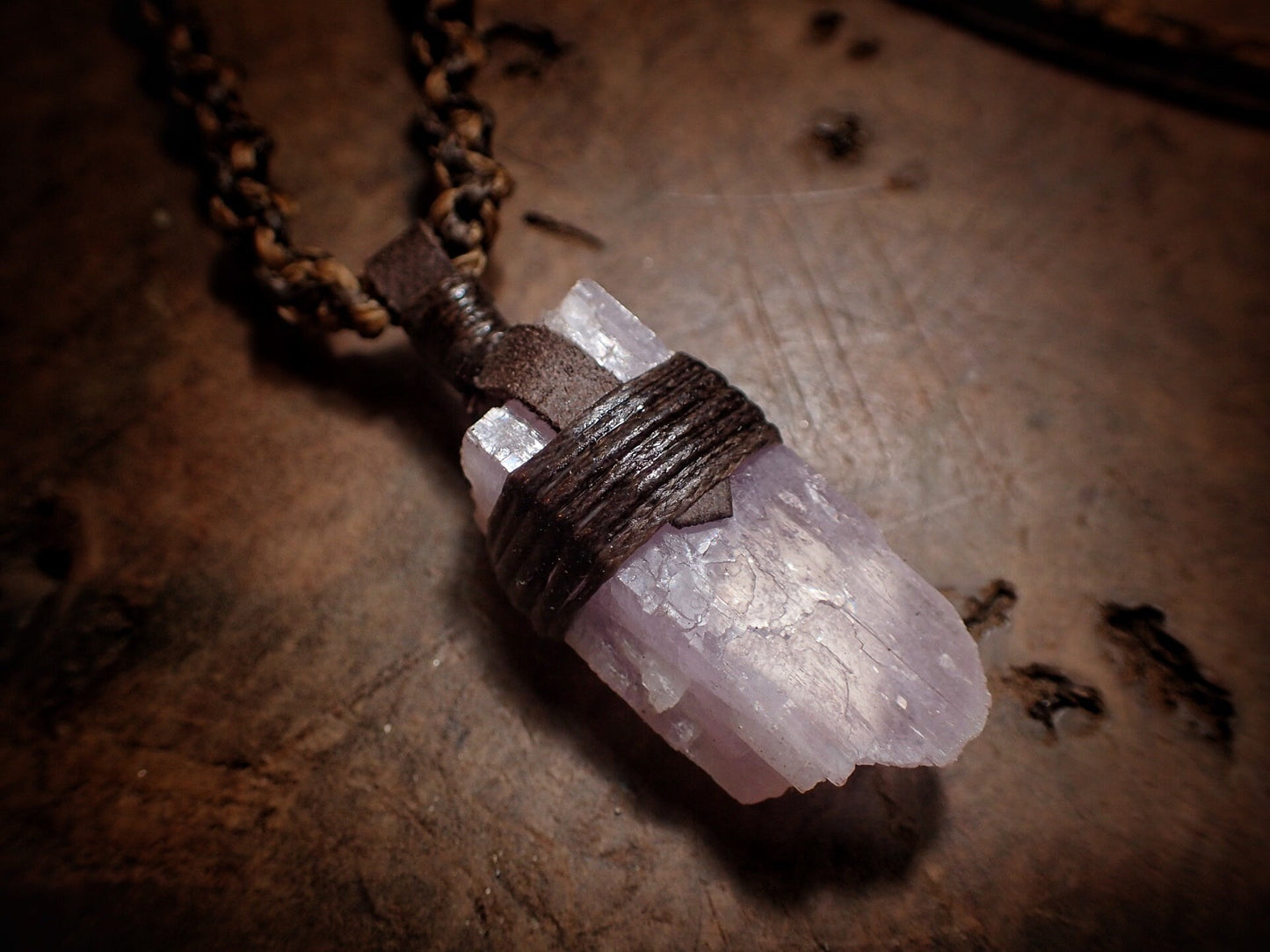 Natural Crystal Kunzite Pendant with Adjustable Hand Woven Macrame Style Necklace Cord