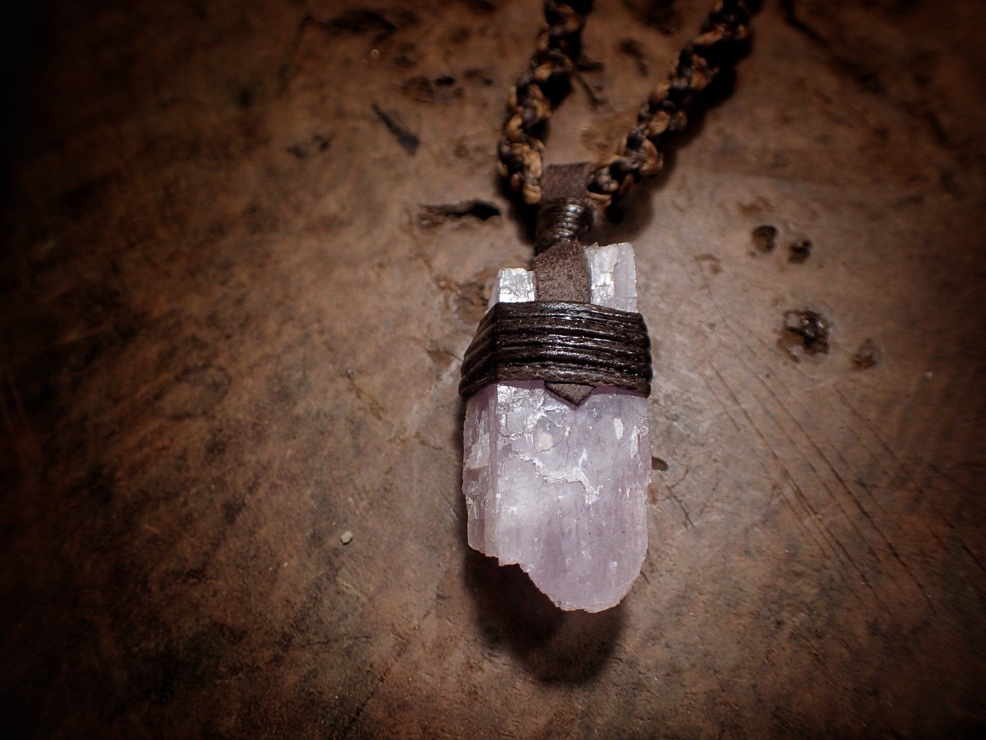 Natural Crystal Kunzite Pendant with Adjustable Hand Woven Macrame Style Necklace Cord