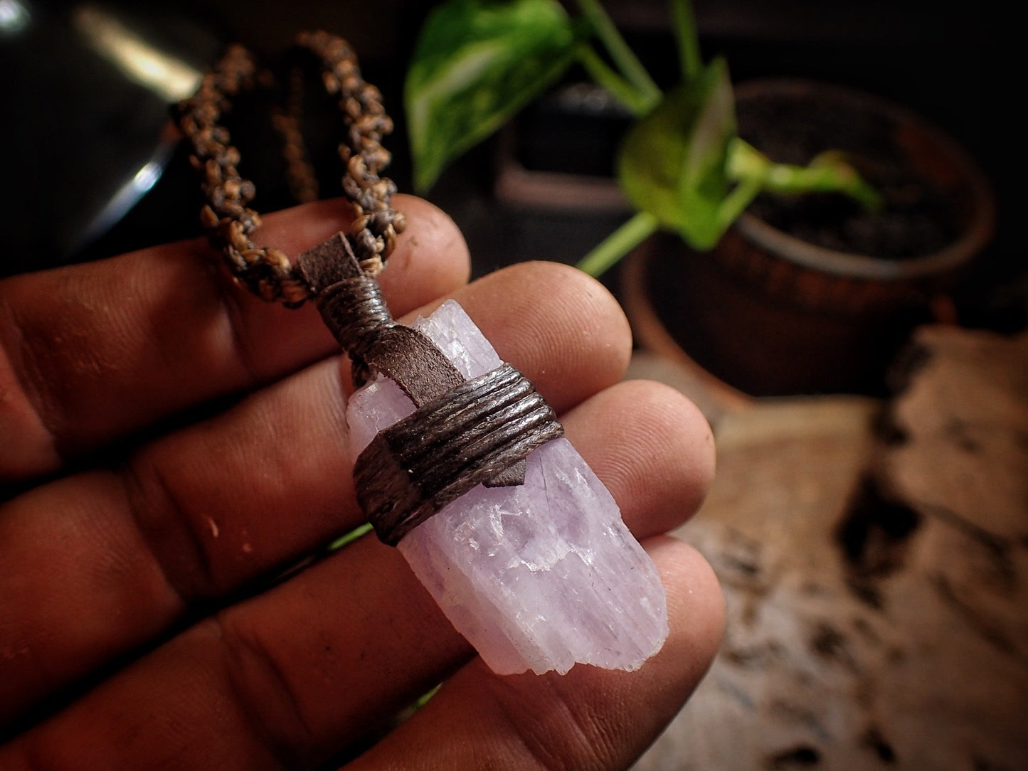 Natural Crystal Kunzite Pendant with Adjustable Hand Woven Macrame Style Necklace Cord