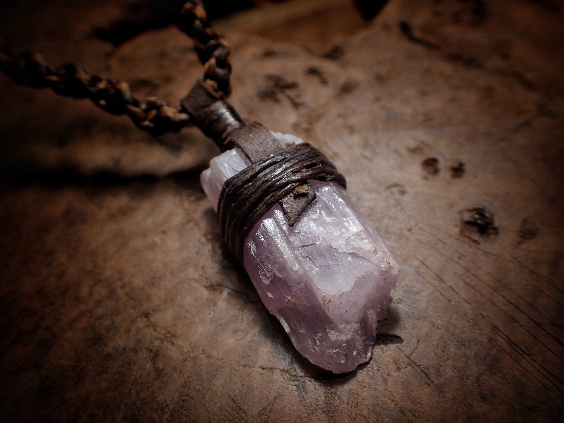 Natural Crystal Kunzite Pendant with Adjustable Hand Woven Macrame Style Necklace Cord