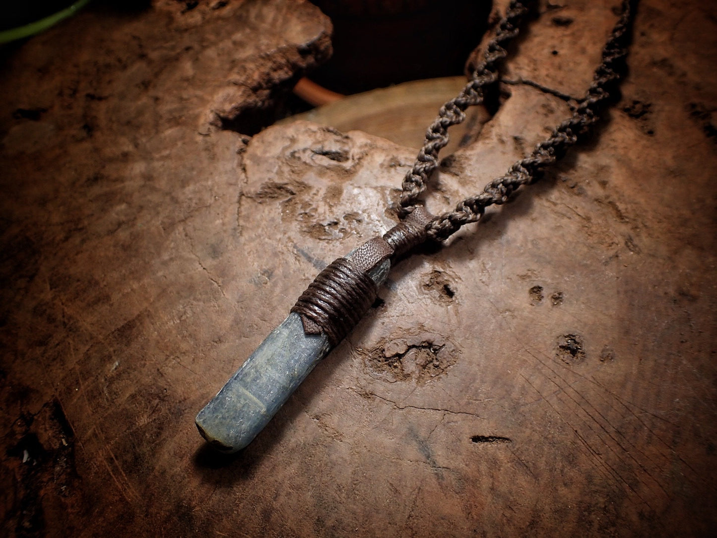 Blue Australian Kyanite Crystal Pendant on Adjustable Hand Woven Macrame Style Necklace