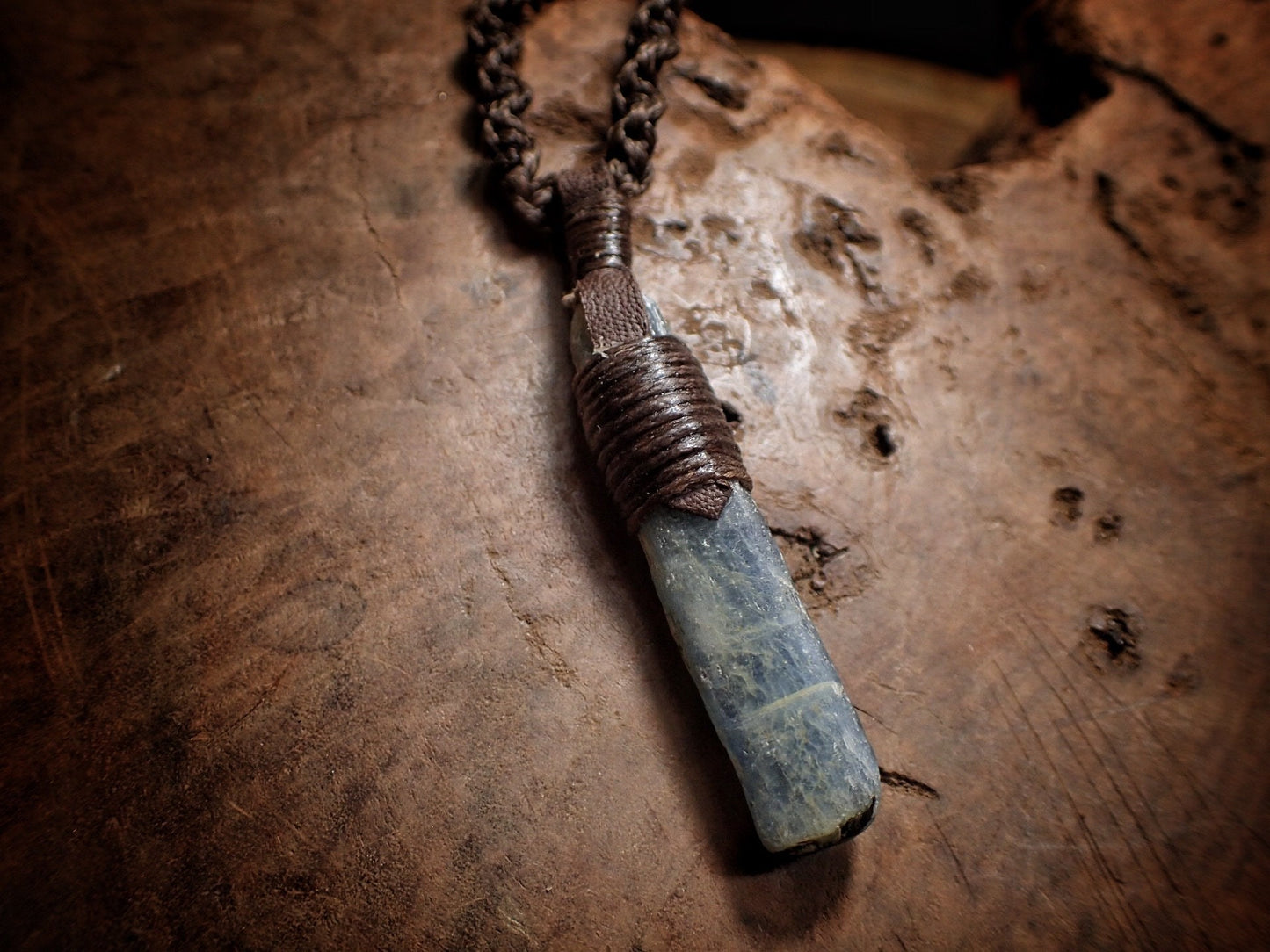 Blue Australian Kyanite Crystal Pendant on Adjustable Hand Woven Macrame Style Necklace