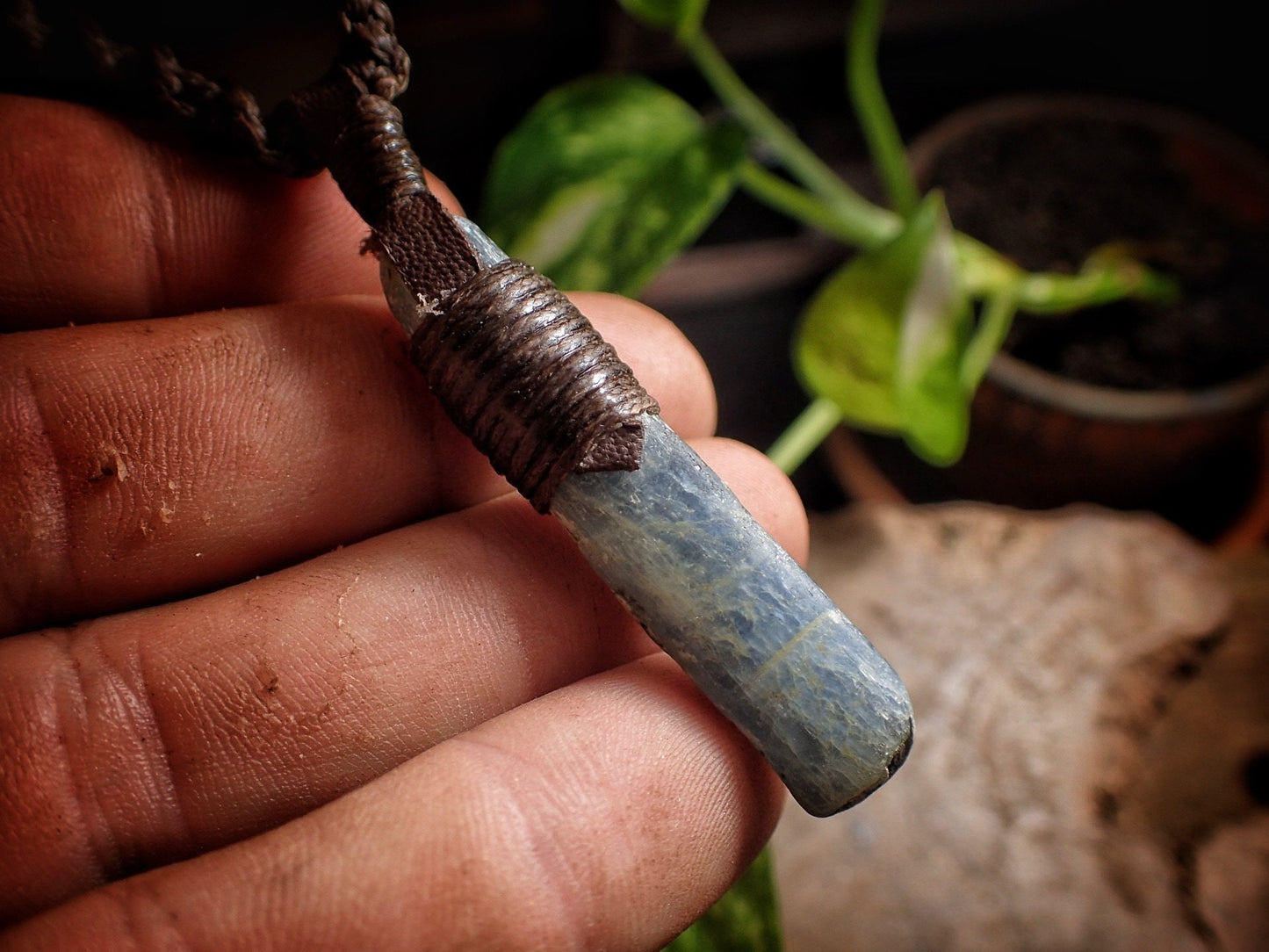 Blue Australian Kyanite Crystal Pendant on Adjustable Hand Woven Macrame Style Necklace