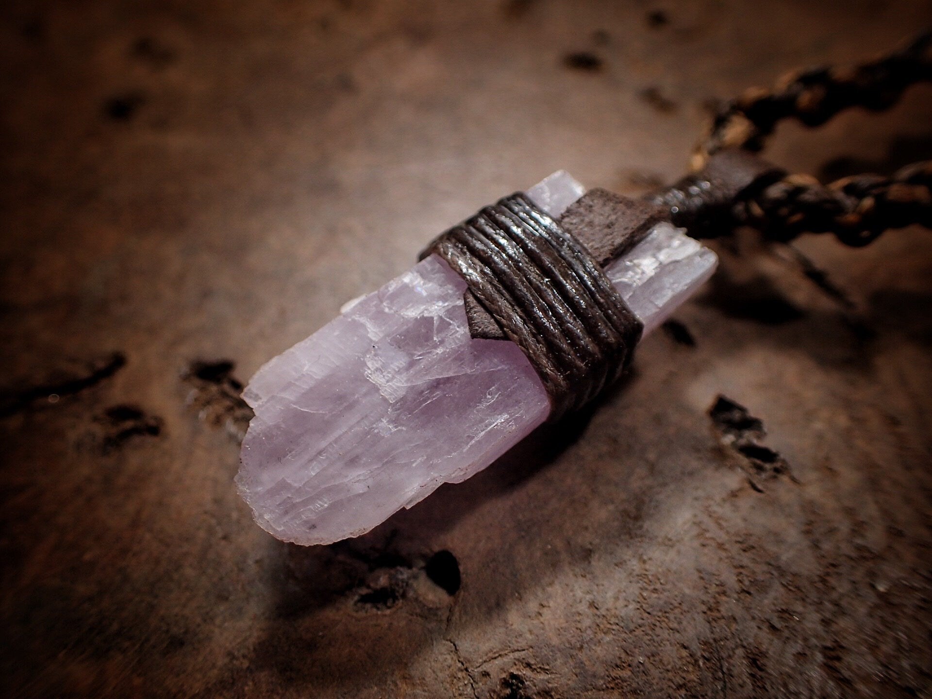 Natural Crystal Kunzite Pendant with Adjustable Hand Woven Macrame Style Necklace Cord