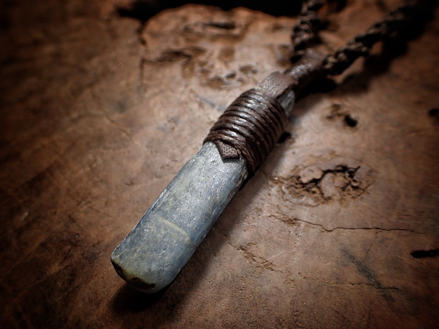 Blue Australian Kyanite Crystal Pendant on Adjustable Hand Woven Macrame Style Necklace