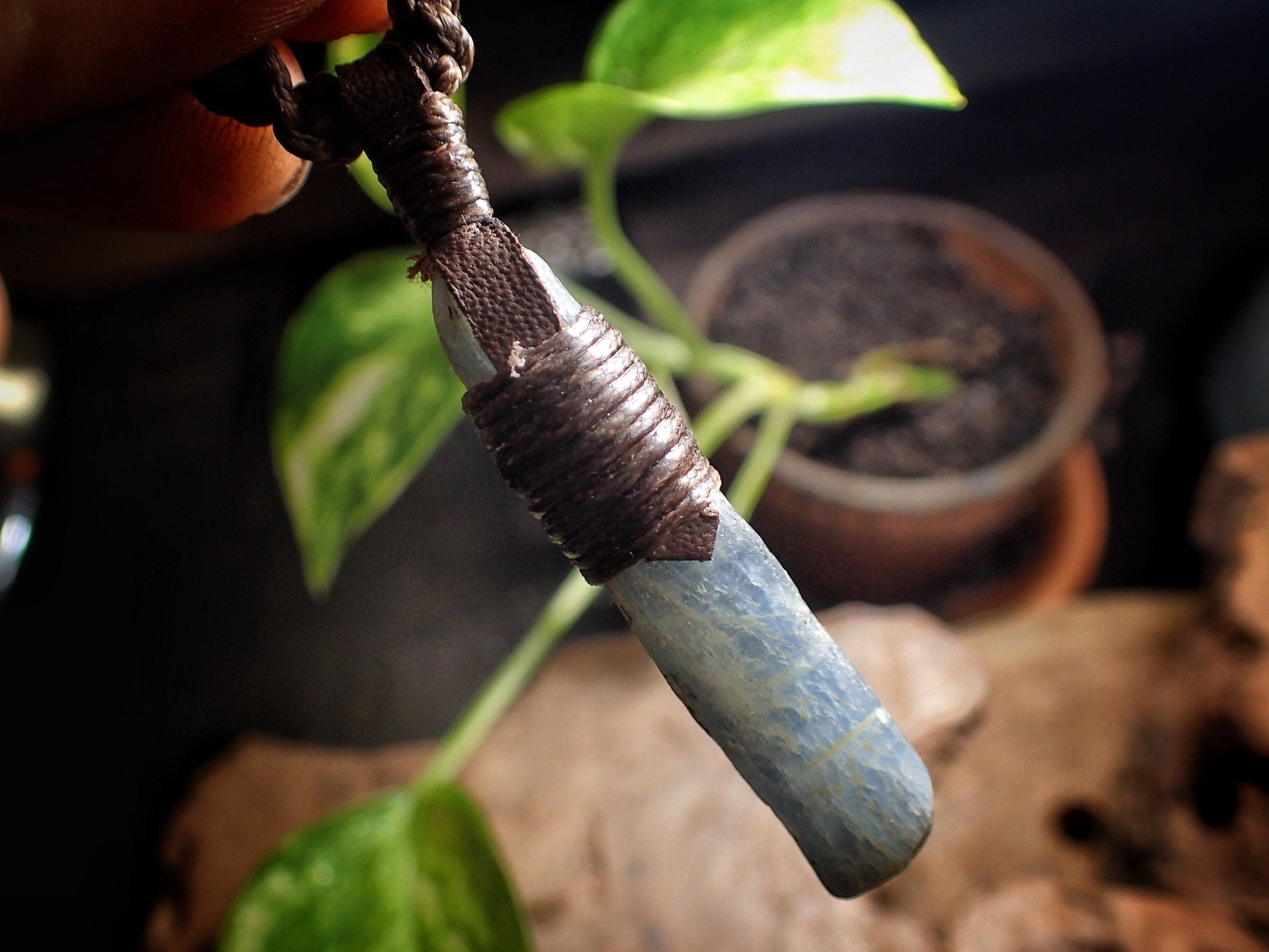 Blue Australian Kyanite Crystal Pendant on Adjustable Hand Woven Macrame Style Necklace