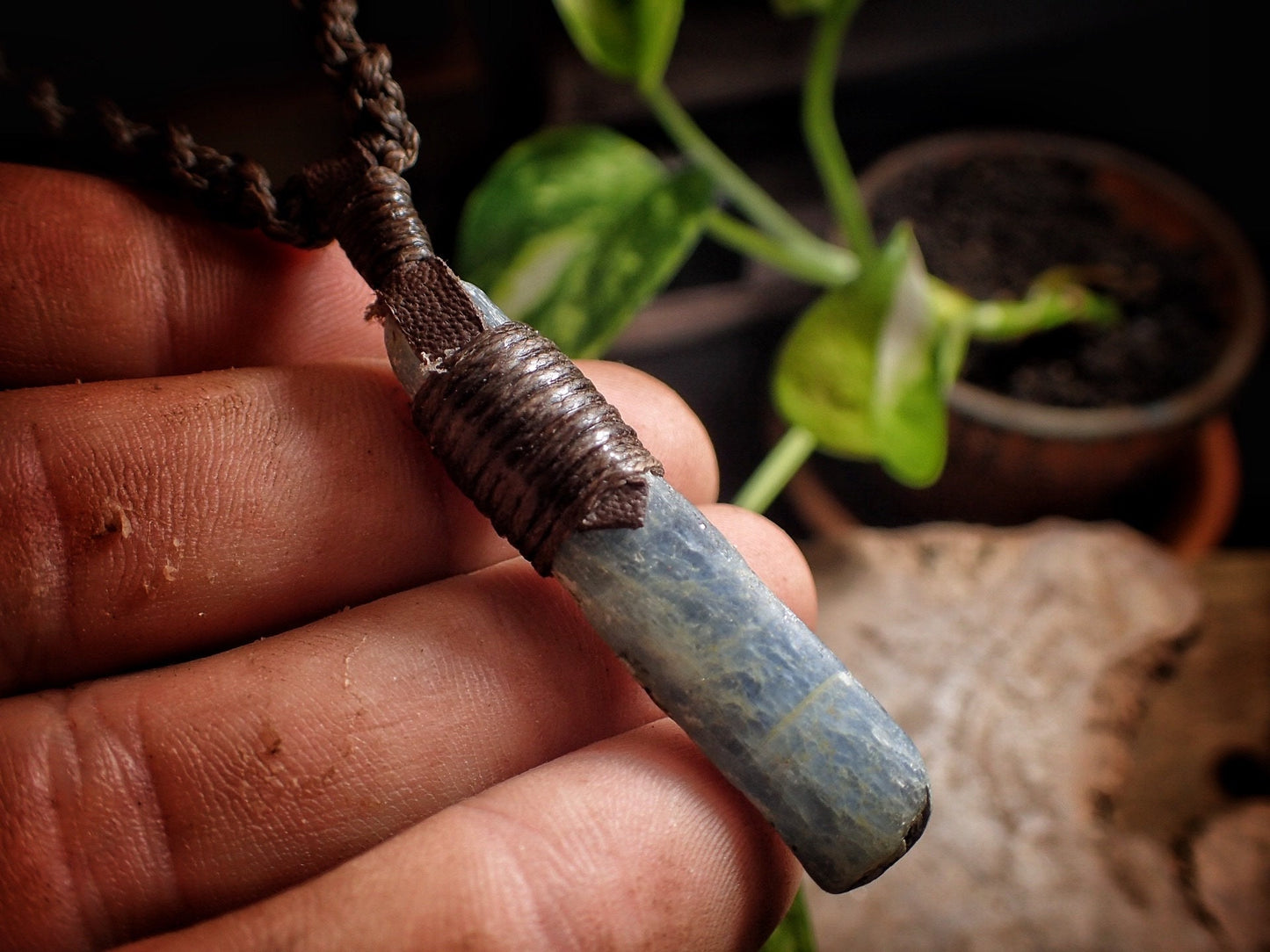 Blue Australian Kyanite Crystal Pendant on Adjustable Hand Woven Macrame Style Necklace