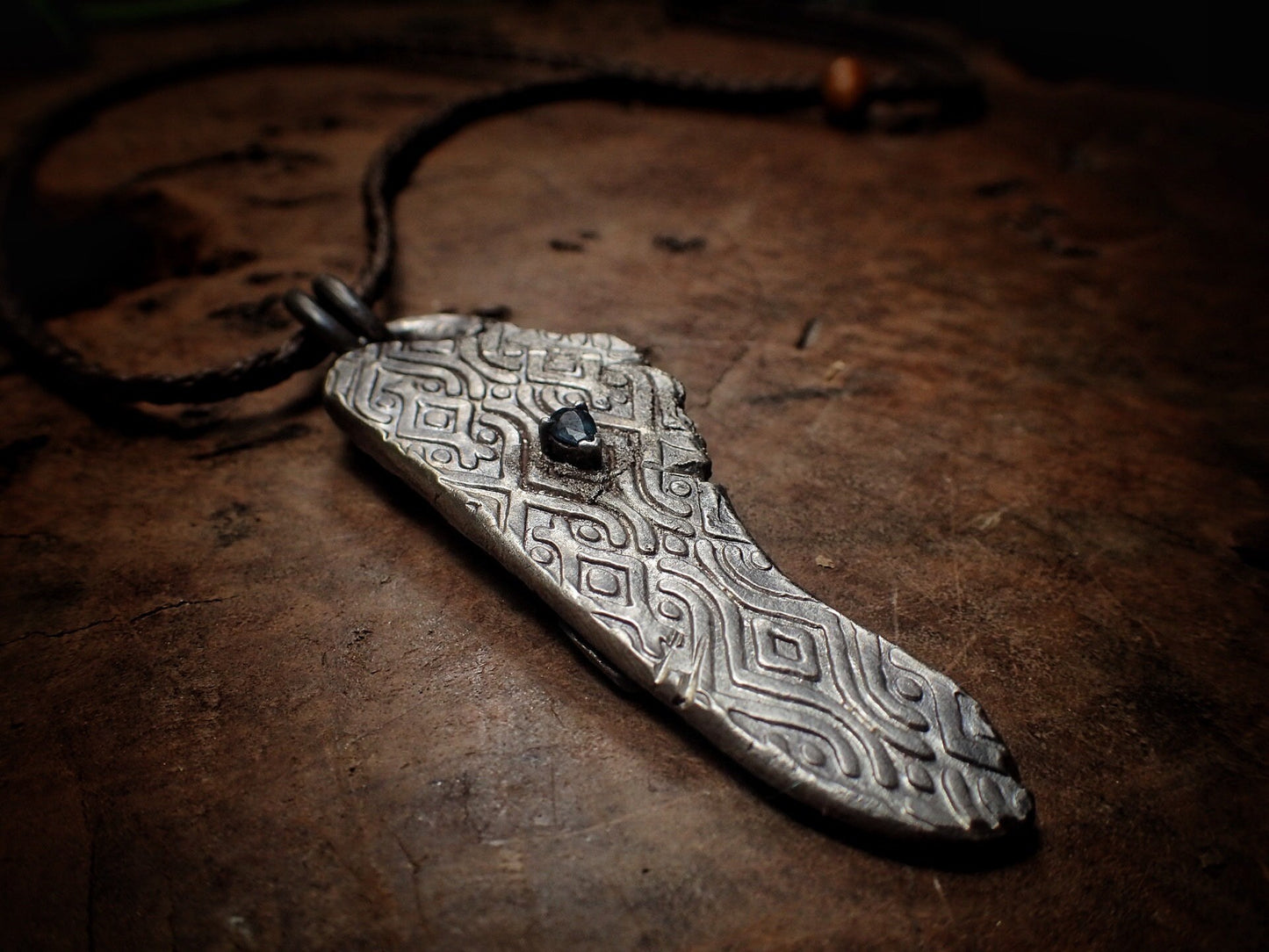 Temple Relic Amulet with Sapphire ~ Unique Rustic Texture Silver Pendant