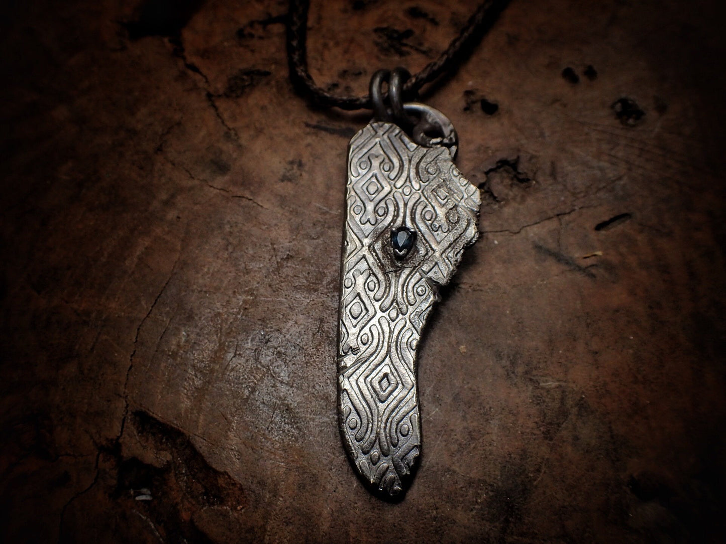 Temple Relic Amulet with Sapphire ~ Unique Rustic Texture Silver Pendant