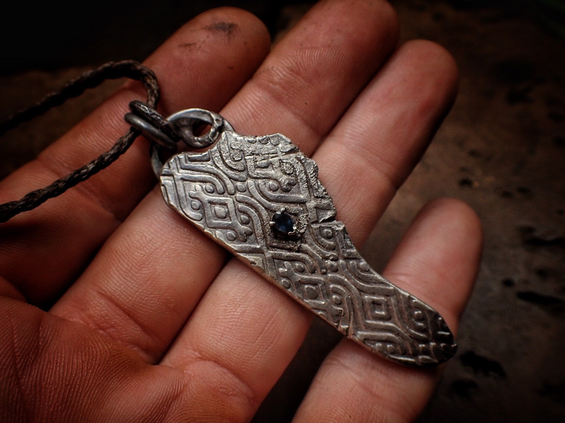 Temple Relic Amulet with Sapphire ~ Unique Rustic Texture Silver Pendant