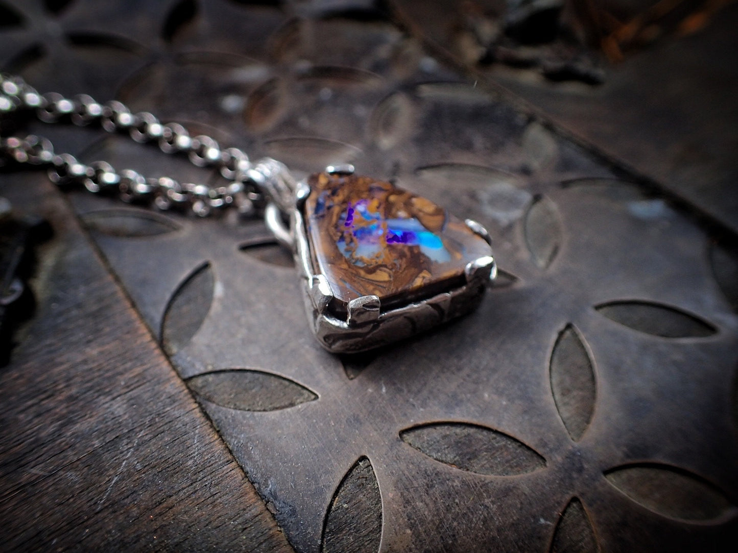 Boulder Opal Sunken Treasure Amulet ~ Sterling Silver Pendant