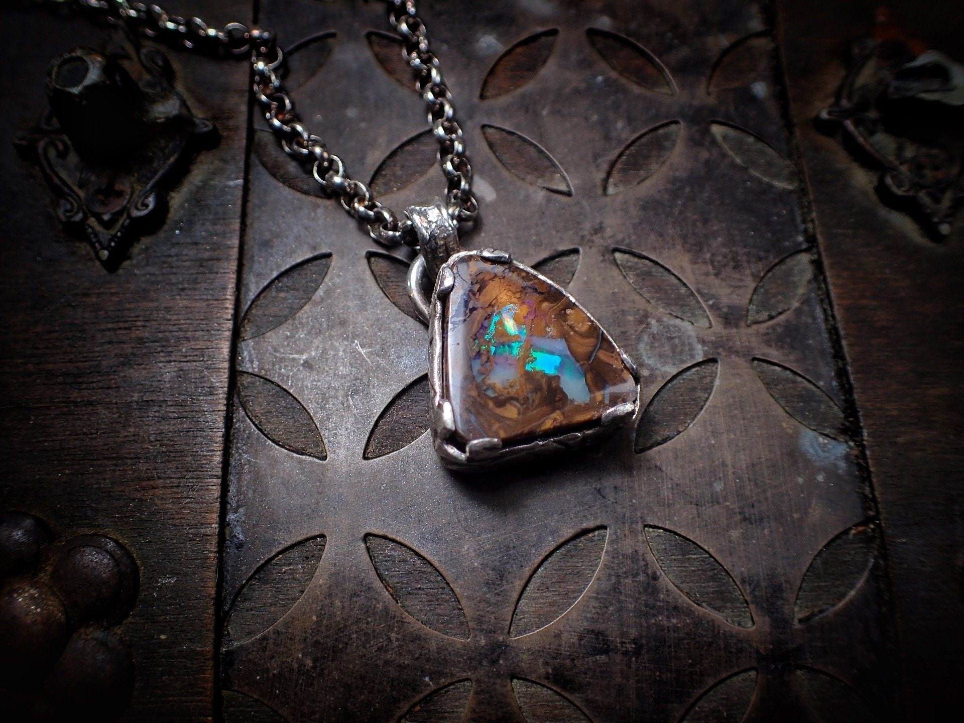 Boulder Opal Sunken Treasure Amulet ~ Sterling Silver Pendant