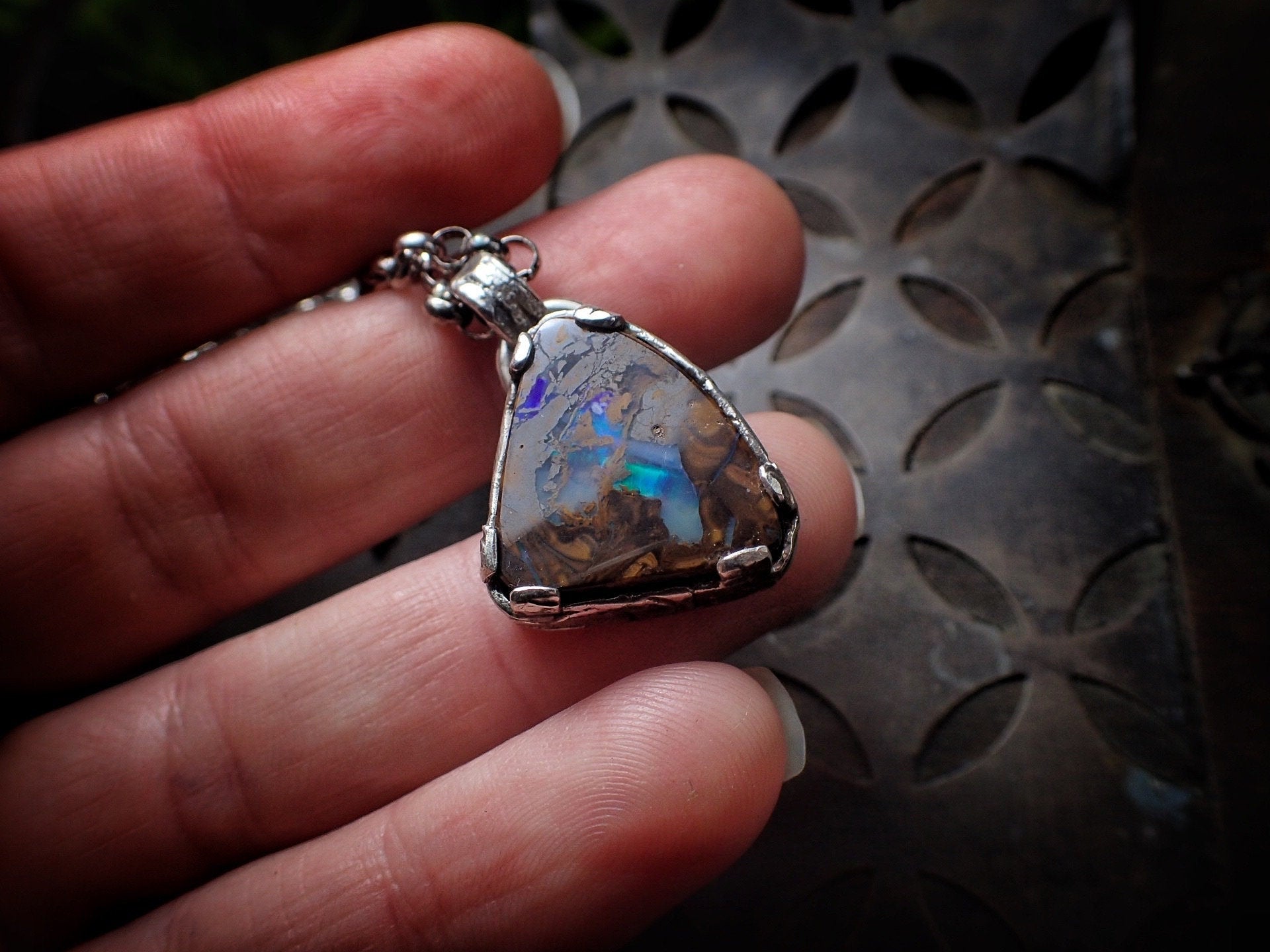 Boulder Opal Sunken Treasure Amulet ~ Sterling Silver Pendant