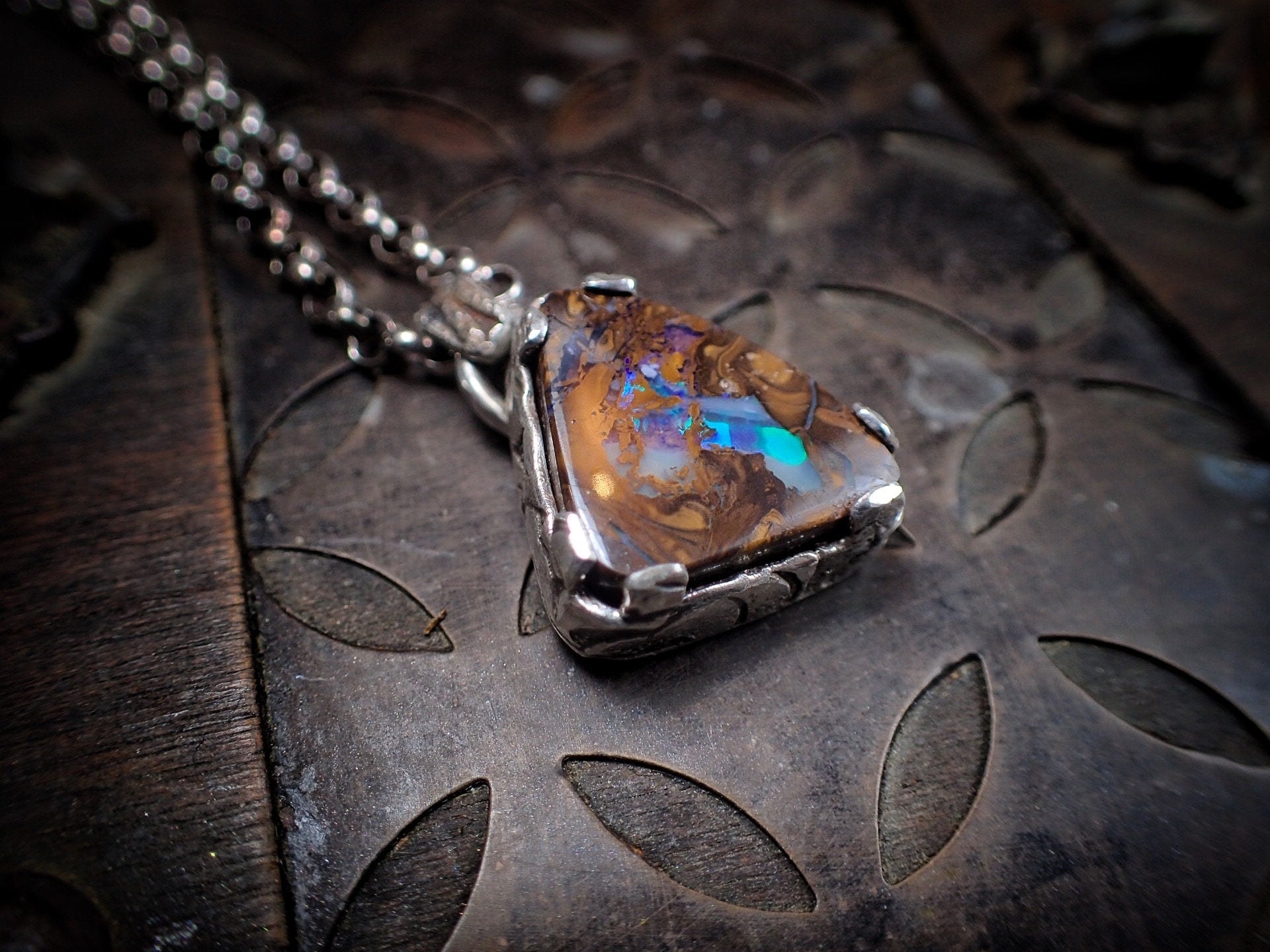 Boulder Opal Sunken Treasure Amulet ~ Sterling Silver Pendant