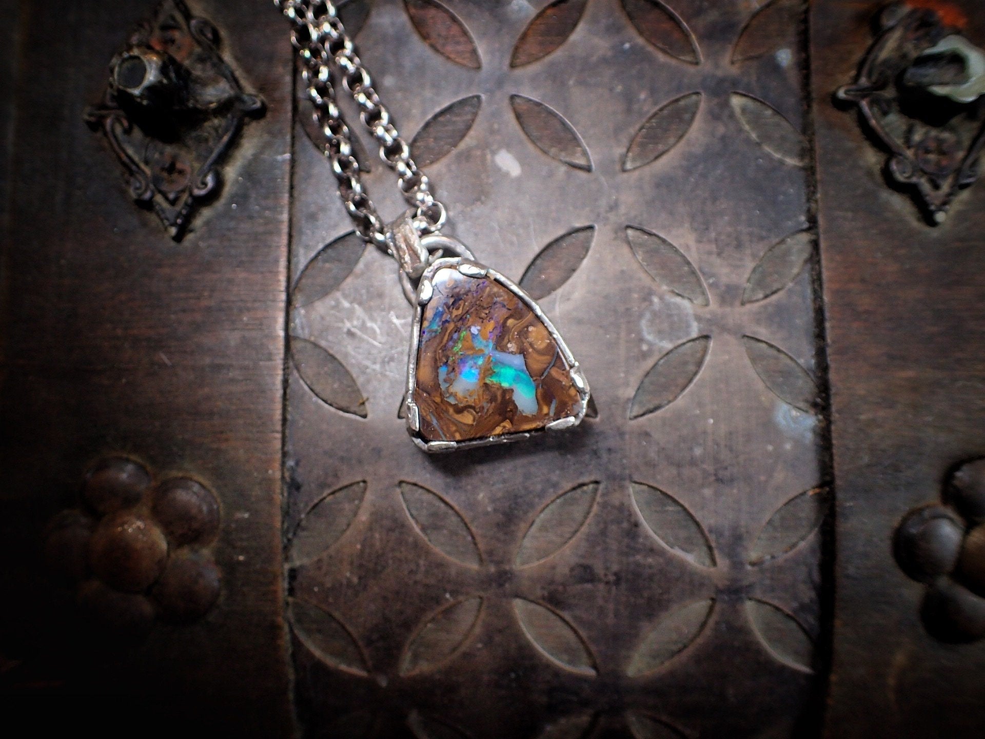 Boulder Opal Sunken Treasure Amulet ~ Sterling Silver Pendant