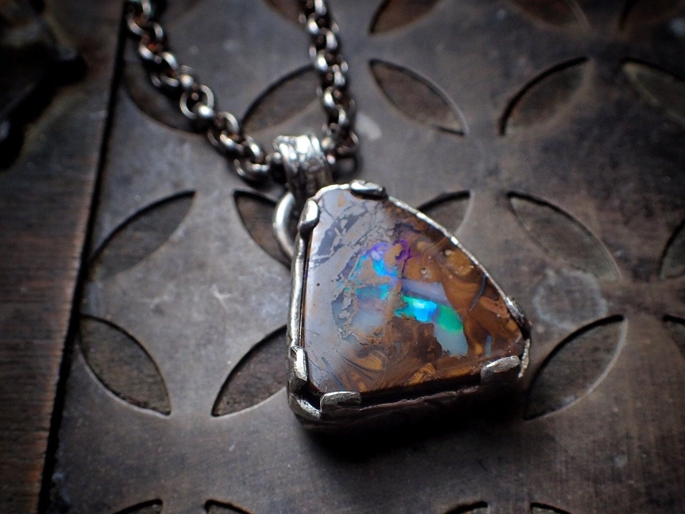 Boulder Opal Sunken Treasure Amulet ~ Sterling Silver Pendant