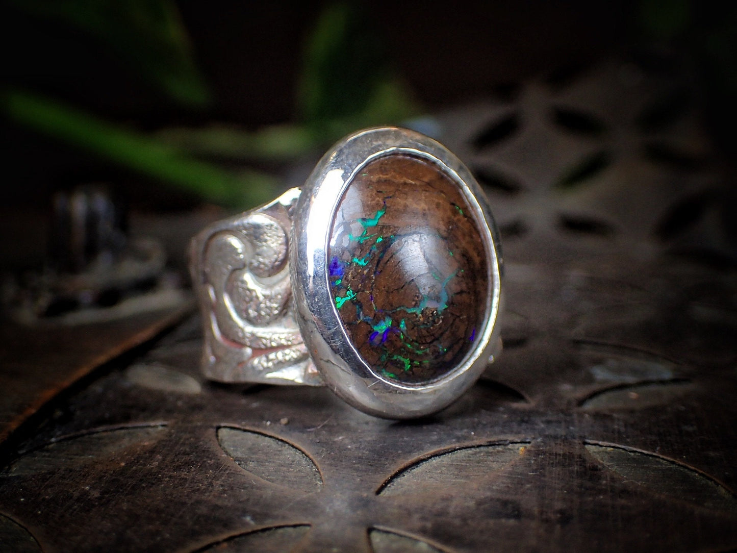 Pirarey Boulder Opal in Textured Silver Ring ~ Band US Size 9