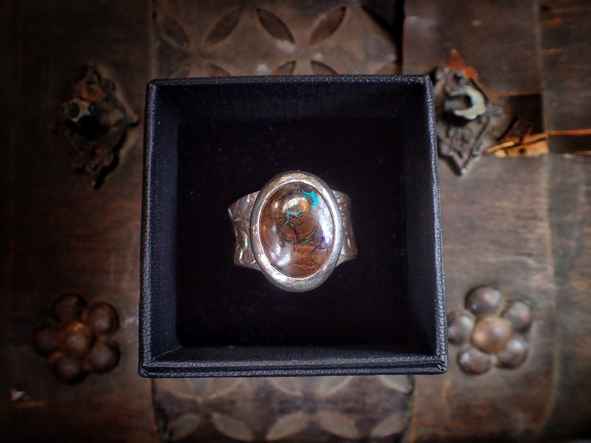 Pirarey Boulder Opal in Textured Silver Ring ~ Band US Size 9