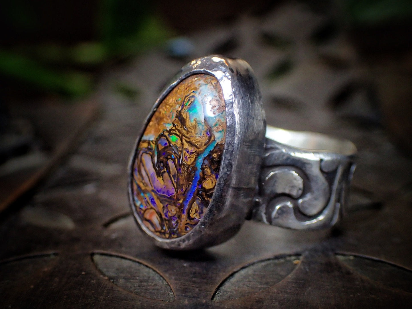 Opalised Wood Fossil in Piratey Sunken Shipwreck Textured Silver Ring ~ Band US Size 8.5