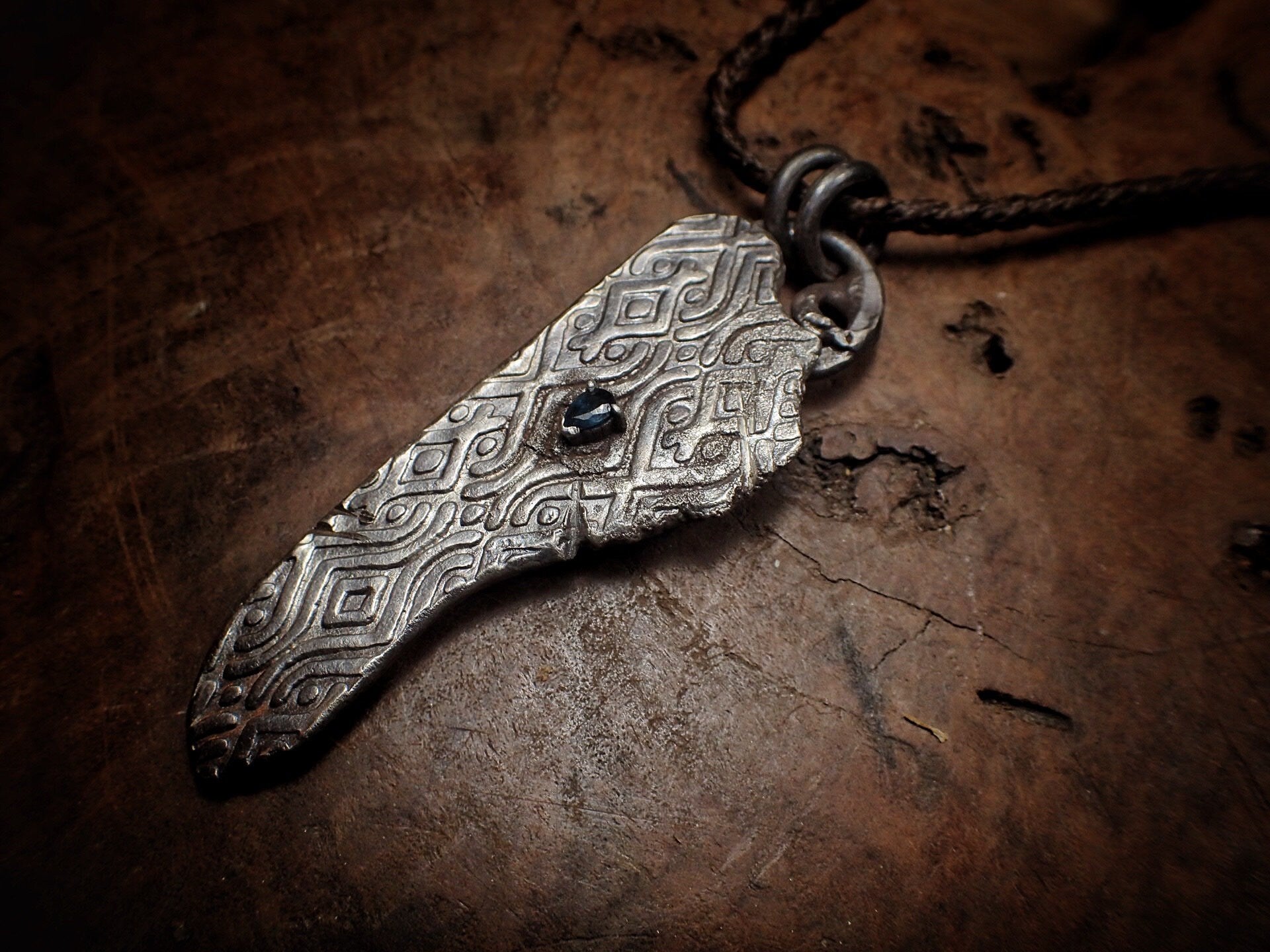 Temple Relic Amulet with Sapphire ~ Unique Rustic Texture Silver Pendant