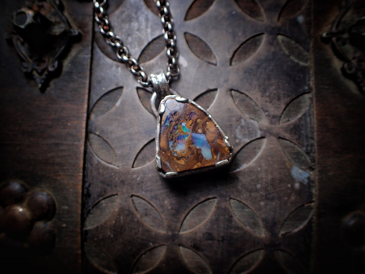 Boulder Opal Sunken Treasure Amulet ~ Sterling Silver Pendant