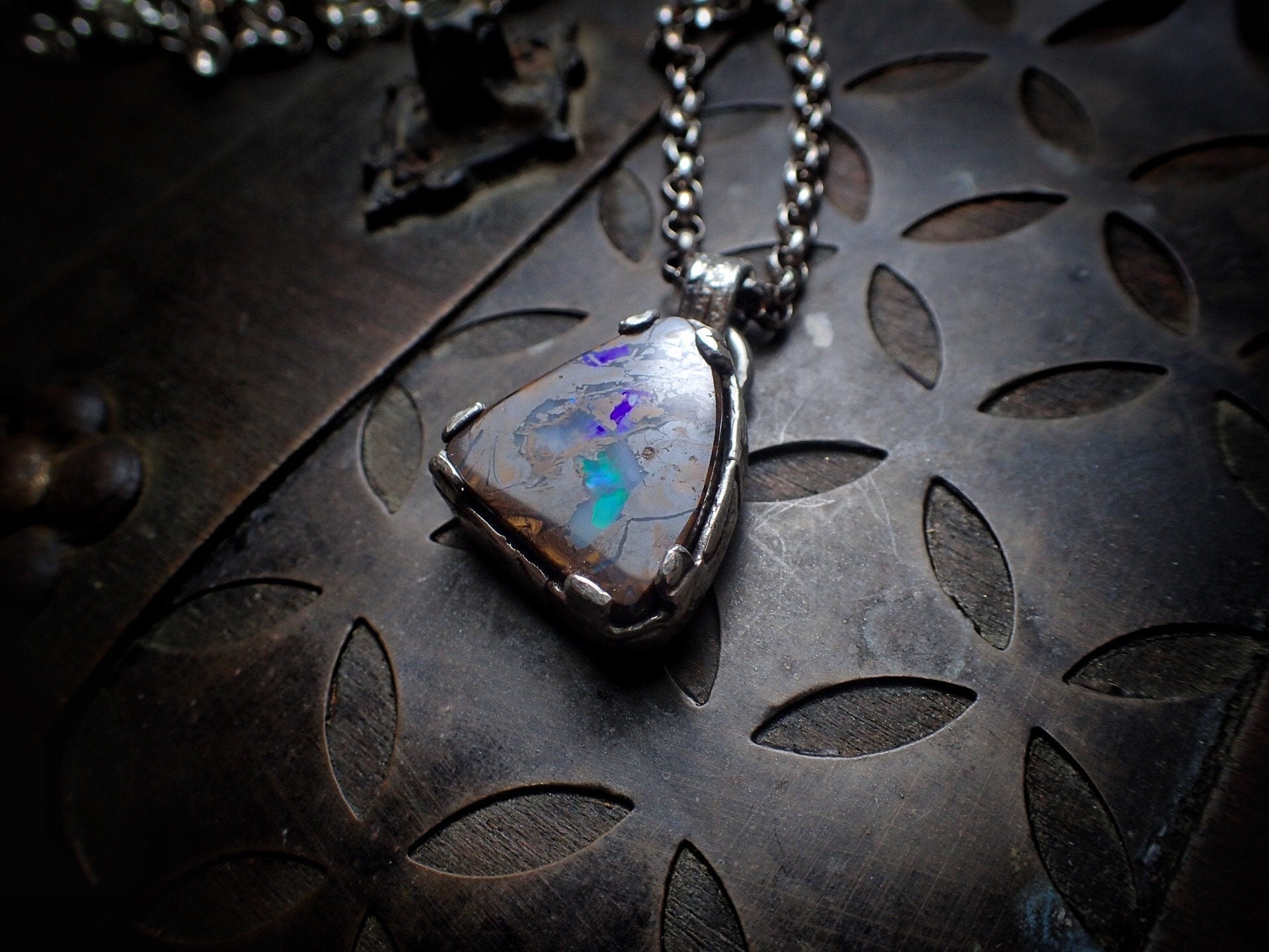 Boulder Opal Sunken Treasure Amulet ~ Sterling Silver Pendant