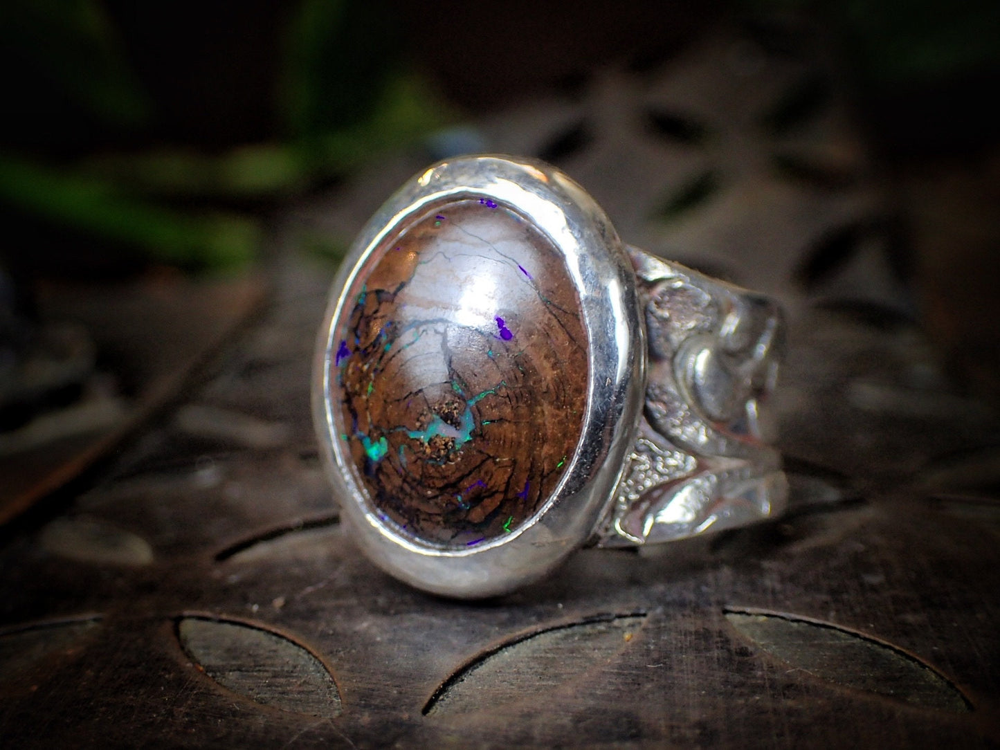 Pirarey Boulder Opal in Textured Silver Ring ~ Band US Size 9