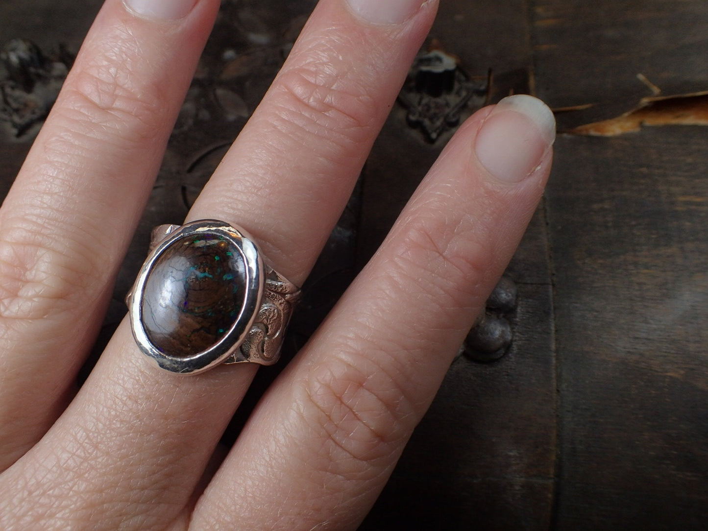 Pirarey Boulder Opal in Textured Silver Ring ~ Band US Size 9