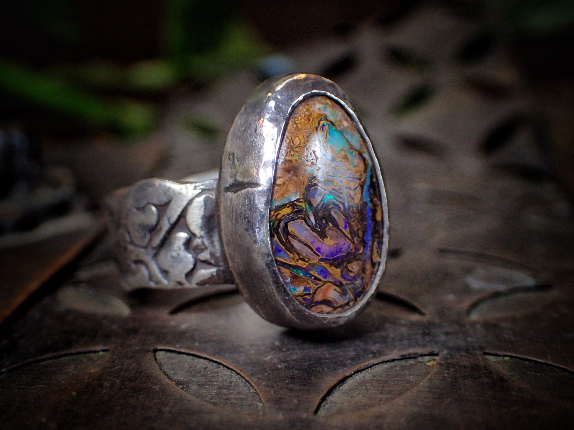 Opalised Wood Fossil in Piratey Sunken Shipwreck Textured Silver Ring ~ Band US Size 8.5