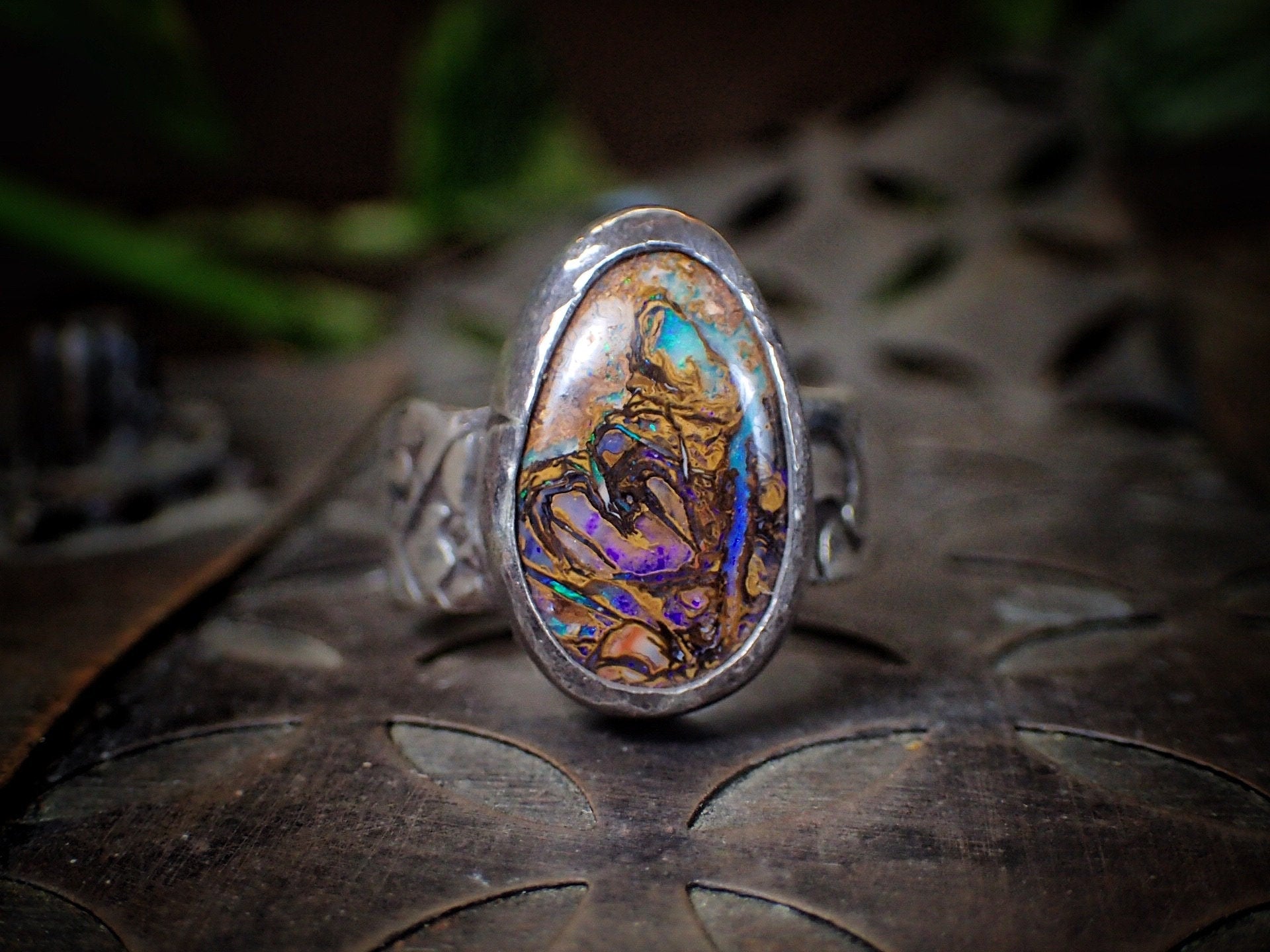 Opalised Wood Fossil in Piratey Sunken Shipwreck Textured Silver Ring ~ Band US Size 8.5