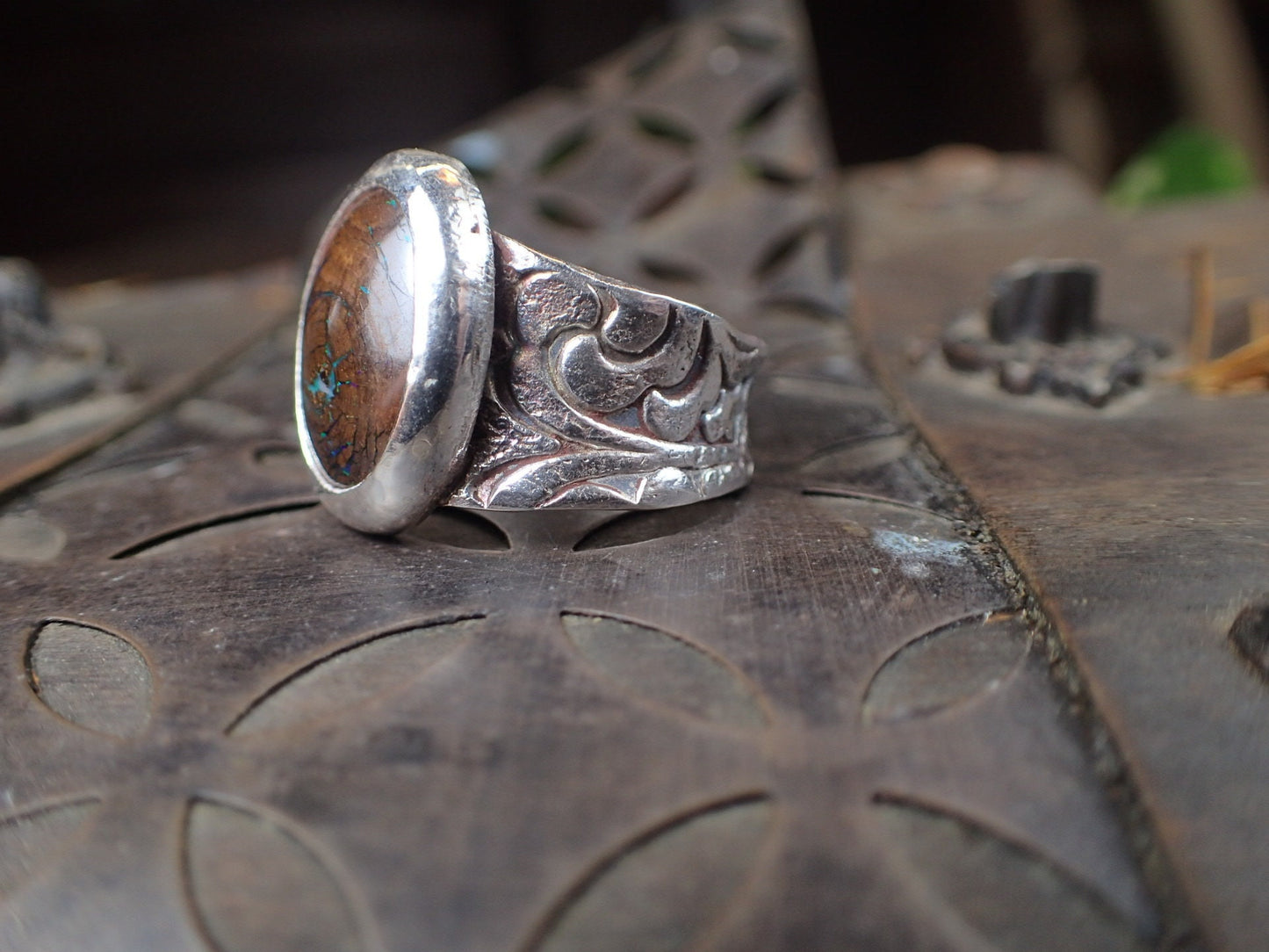 Opalised Wood Fossil in Piratey Sunken Shipwreck Textured Silver Ring ~ Band US Size 8.5