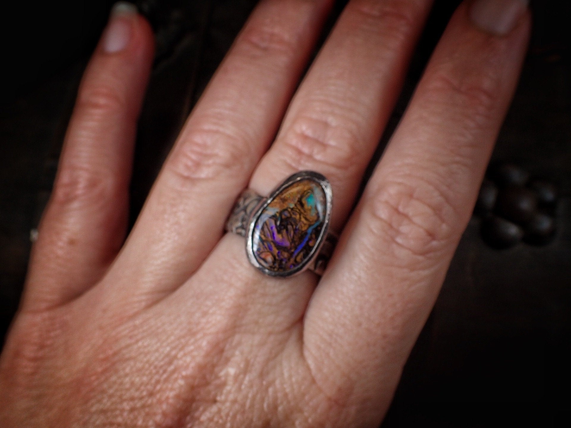 Opalised Wood Fossil in Piratey Sunken Shipwreck Textured Silver Ring ~ Band US Size 8.5