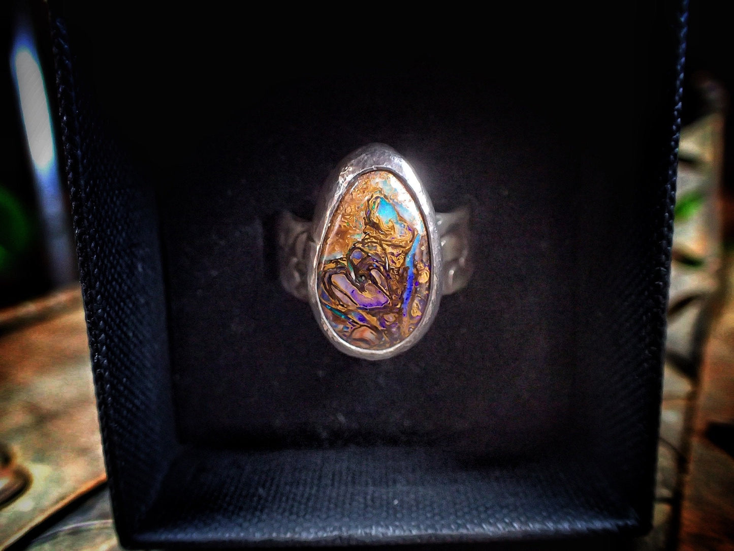 Opalised Wood Fossil in Piratey Sunken Shipwreck Textured Silver Ring ~ Band US Size 8.5