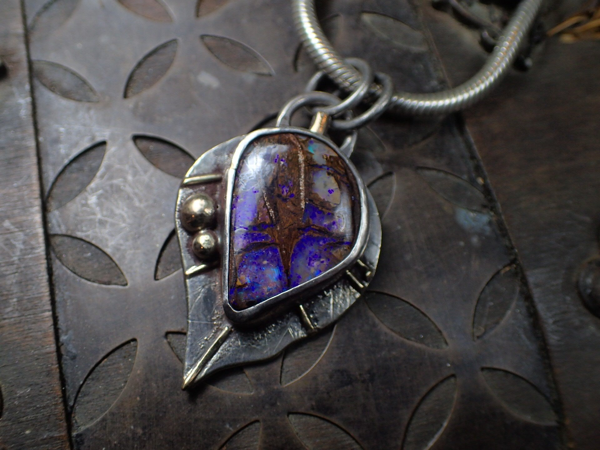 Wood Fossil Boulder Opal set in Leafy Motif Textured Silver and Gold Pendant