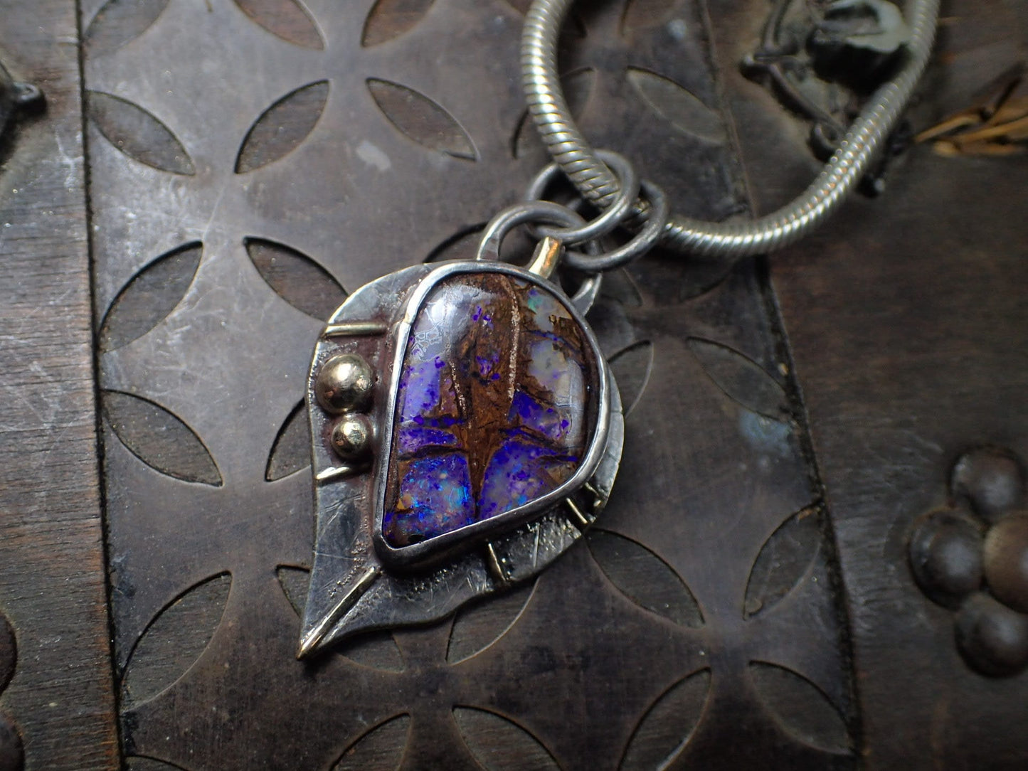 Wood Fossil Boulder Opal set in Leafy Motif Textured Silver and Gold Pendant