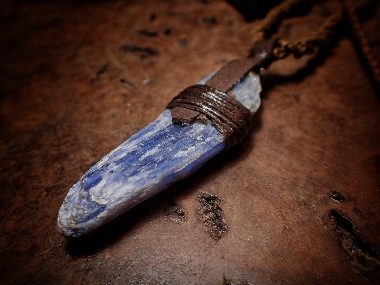 Blue Kyanite Crystal Pendant on Hand Woven Adjustable Macrame Style Necklace